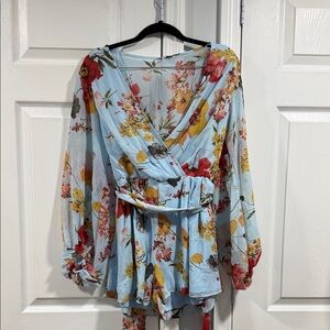 Fashion Nova Floral Wrap Jumpsuit - Blue and Red